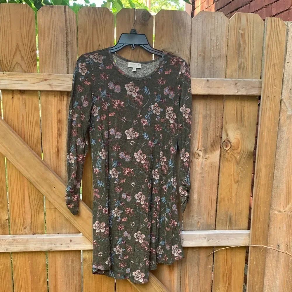 Bobeau Floral Long Sleeve Dress - Olive and Pink